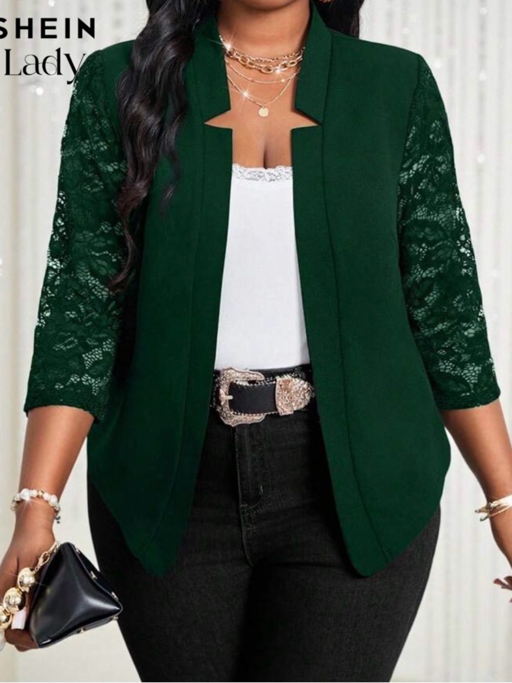 SHEIN Dark Green Lace Sleeve Open Front Blazer